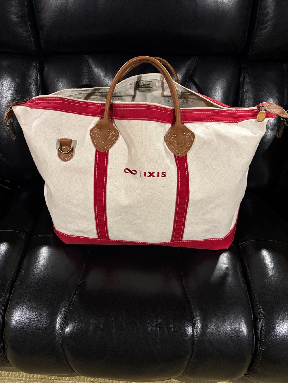 LL Bean Red & Cream Canvas Tote Bag with Leather Handles